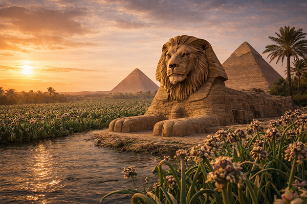 The Sphinx guards the onion fields of ancient Egypt.