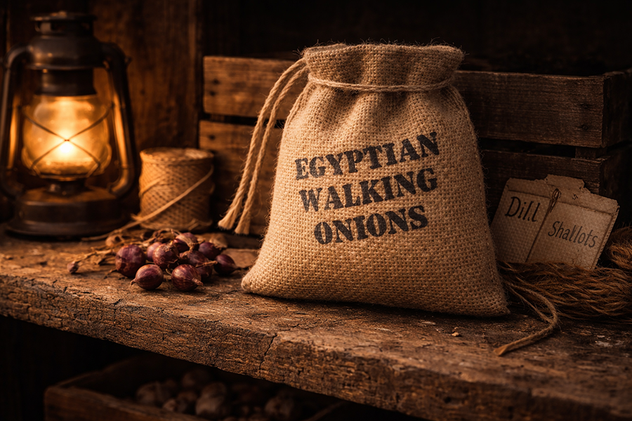 Mini burlap sack of Egyptian Walking Onion topsets waiting in winter.