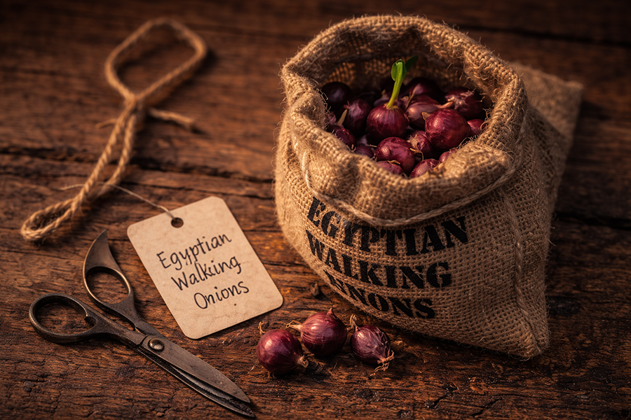 Mini burlap sack of Egyptian Walking Onion topsets at the garden bench.